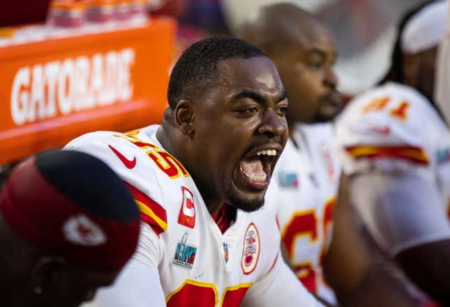 Feb 12, 2023; Glendale, AZ, USA; Kansas City Chiefs defensive tackle Chris Jones (95) reacts from the sideline during the second quarter of Super Bowl 57 against the Philadelphia Eagles at State Farm Stadium.